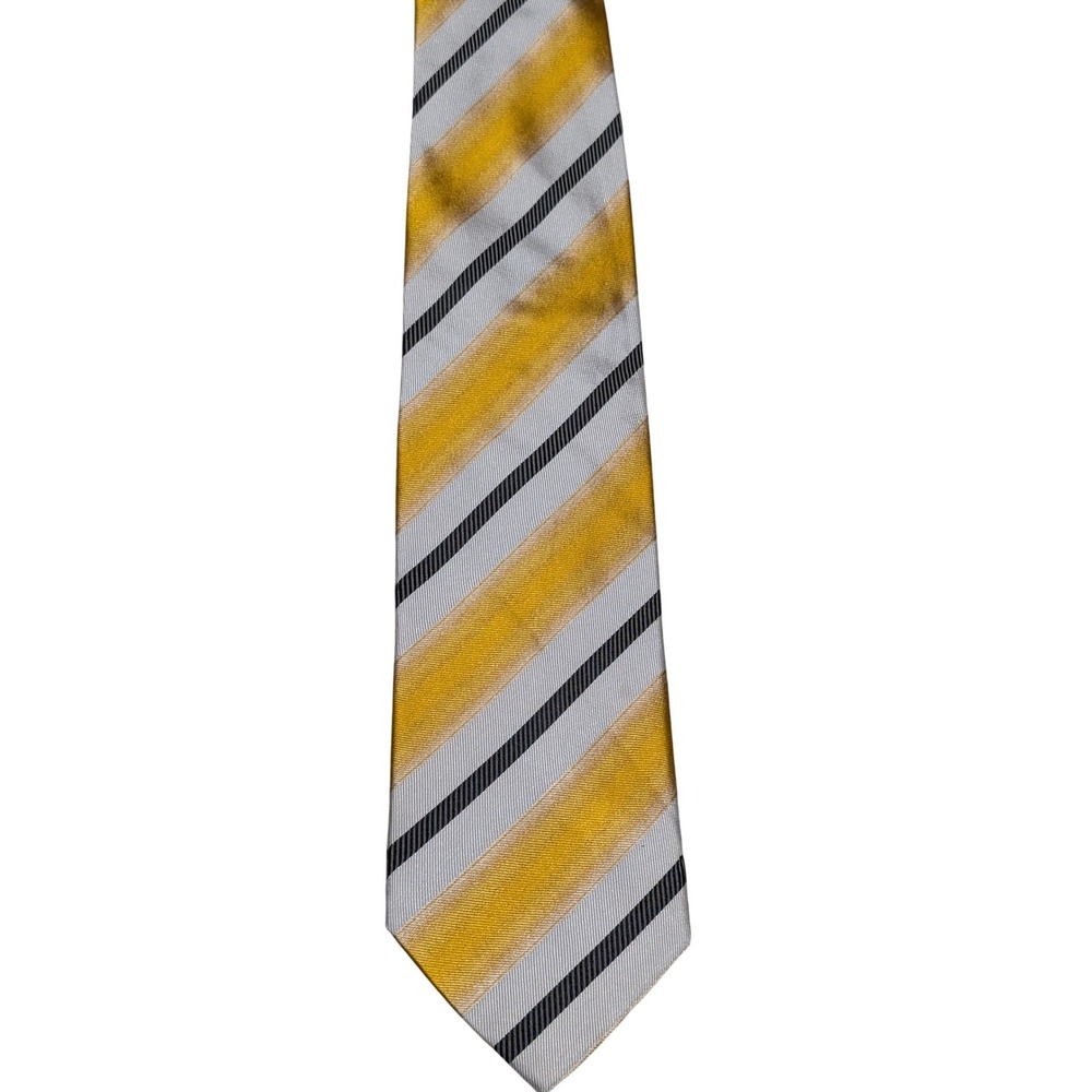 Dona Dona Necktie Mens Yellow White Black Striped 100% Silk Hand Made Classic